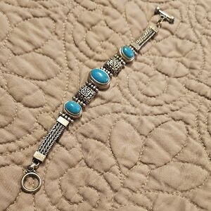 Vintage Sterling Silver Woven Rope Turquoise Toggle Bracelet
